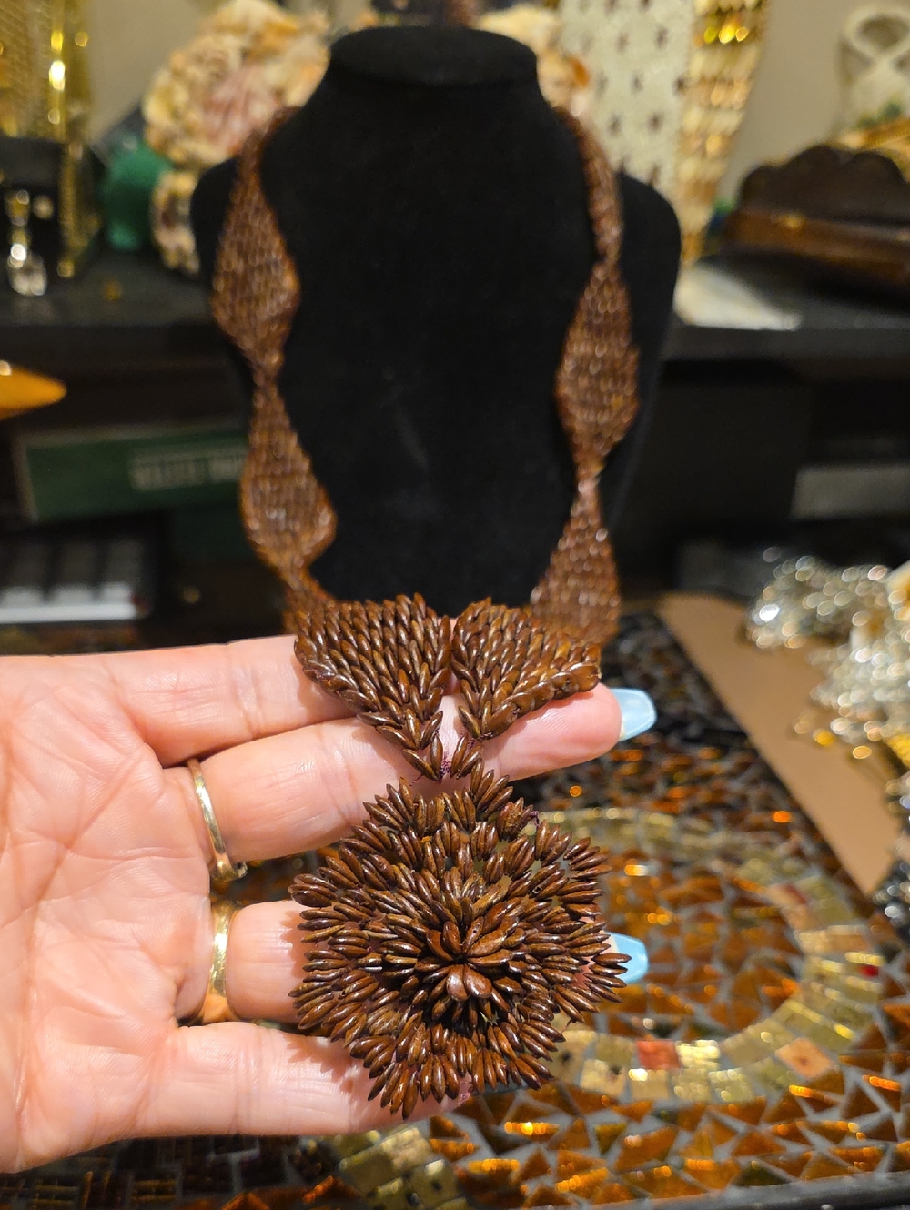 Vintage Brown Floral Seed Bead Statement Necklace